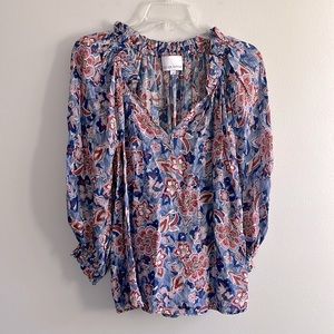 Gilner Farrar balloon sleeve red and blue floral print blouse